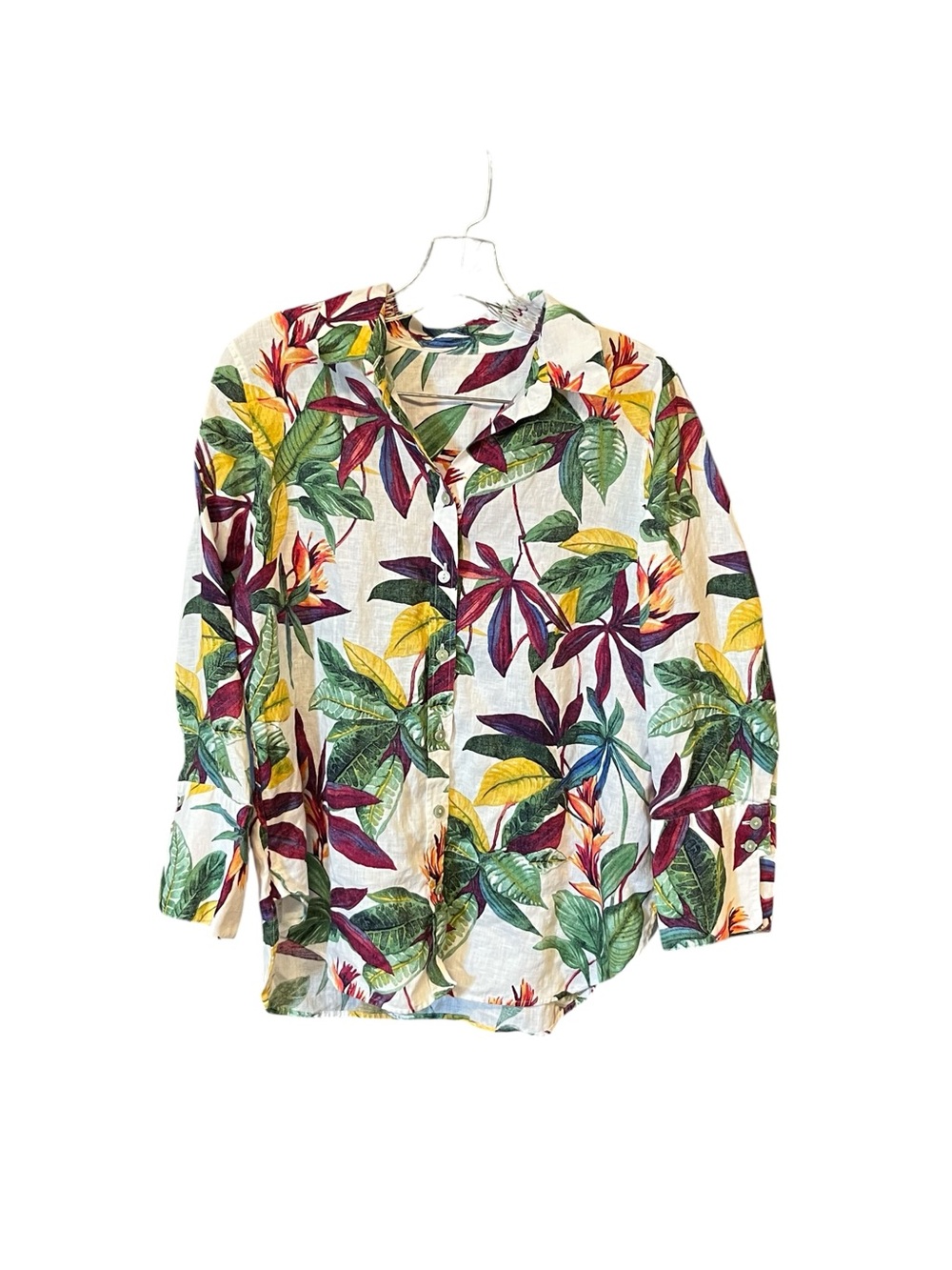 H&M Linen Tropical Floral Button Shirt Women’s L/XL White Multicolor 3/4 Sleeve
